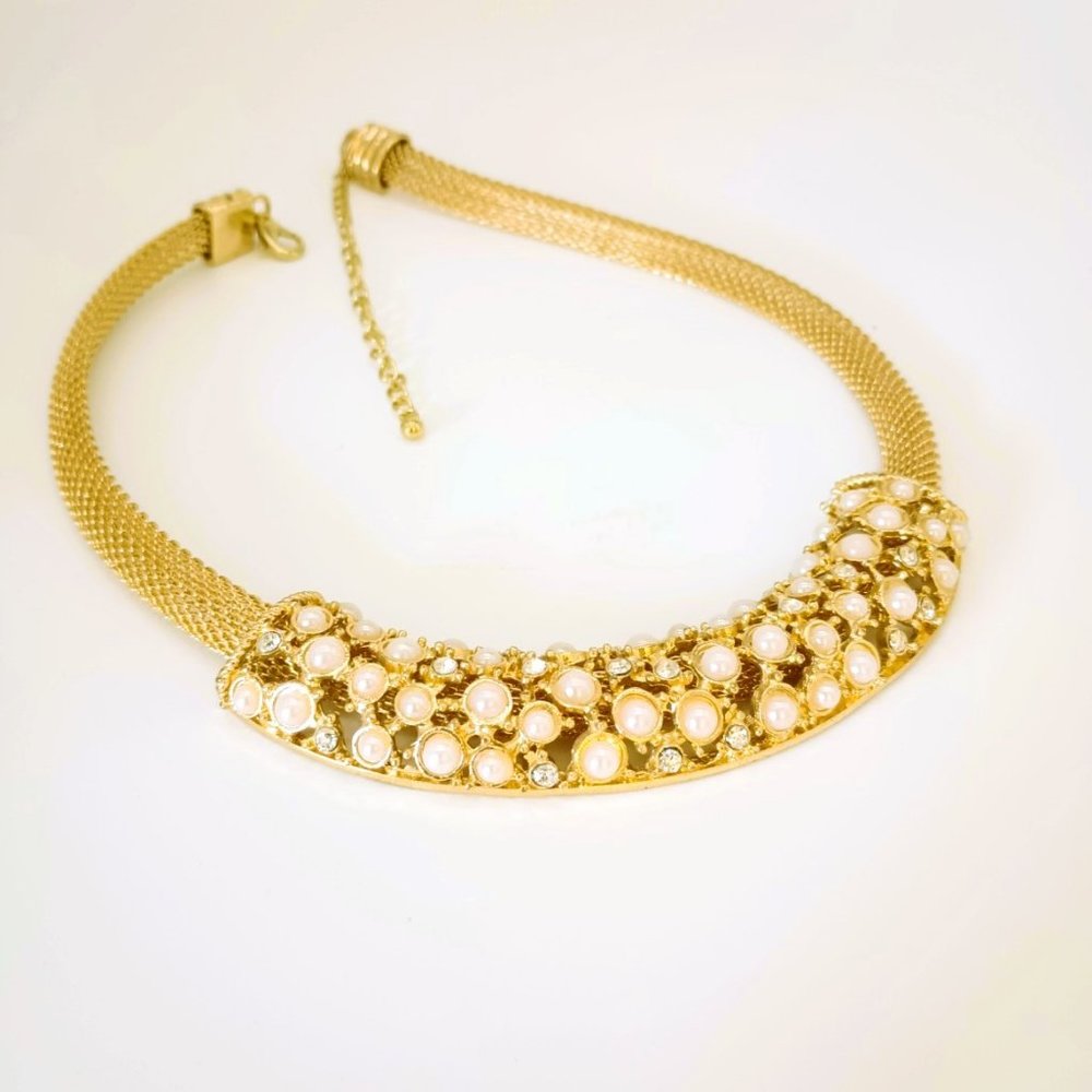 Pearl Cluster Collar Necklace 18" Gold Wide Mesh Chain Statement Wedding Jewelry